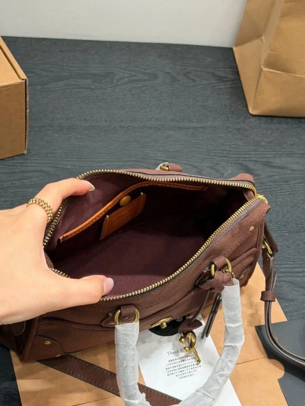Coach Brown Suede Satchel with Gold-Tone Hardware